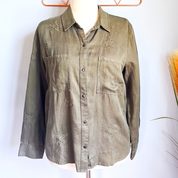 RAILS, New, Marcel Olive Green Embroidred Star Linen Blend Shirt, Size Medium - Picture 2 of 13
